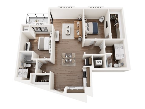 Floor plan for 2 beds, 2 baths, 1152 sqft